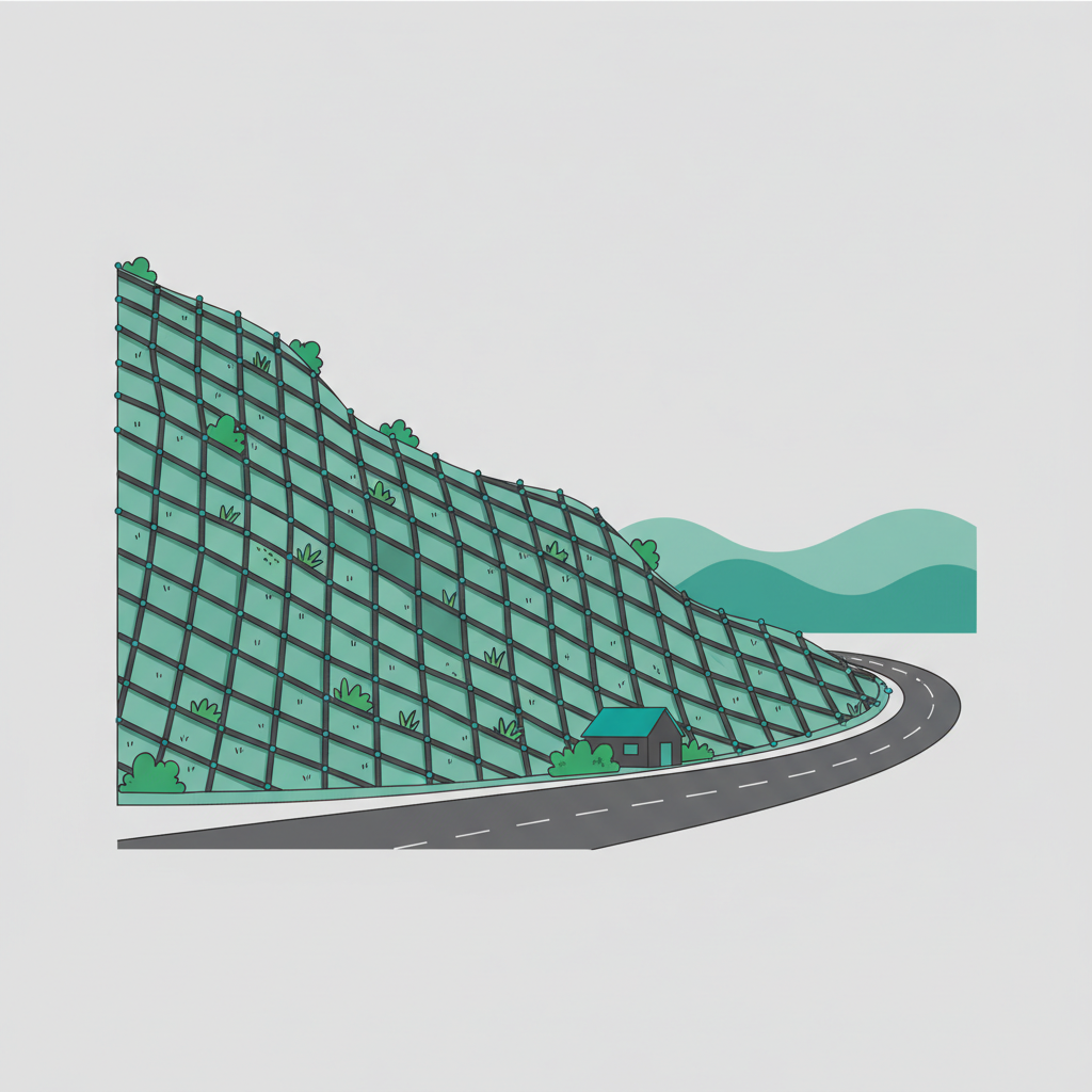 Illustration of a secured slope with rockfall mesh installed and healthy vegetation after project completion