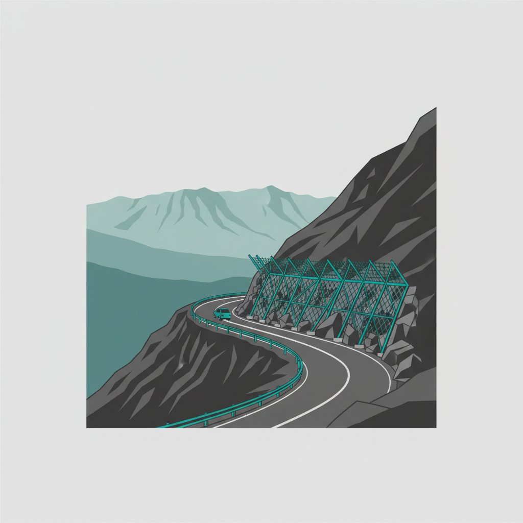 Illustration of a highway on a mountain slope with rockfall barrier
